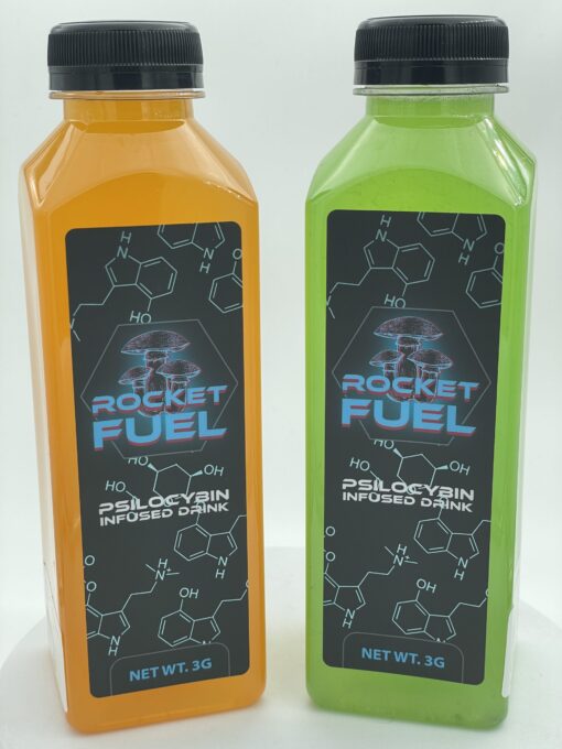 Rocket Fuel Shroom Drink bottle with various flavors