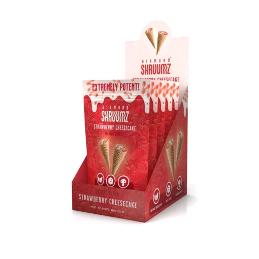 Diamond Shruumz Strawberry Cheesecake 5pk – Fruity mushroom-infused cones with psychedelic packaging